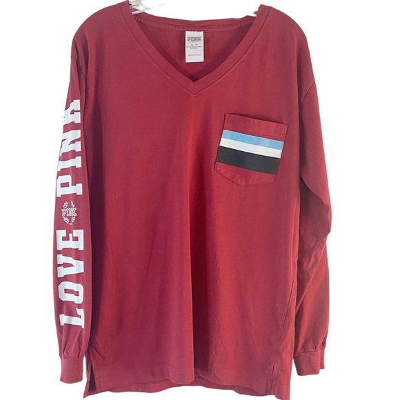 Victoria’s Secret PINK Red Long-Sleeve V-Neck Tee Size XS Casual Logo Top - Picture 2 of 6